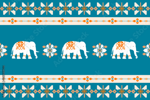 Colorful pixel-art pattern with white elephants and traditional ethnic motifs in orange, teal, and white. Ideal for textiles, digital art, and cultural design projects.
