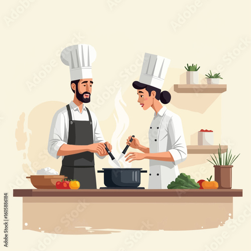 Chef Teaches Young Cook How to Prepare Food in Kitchen