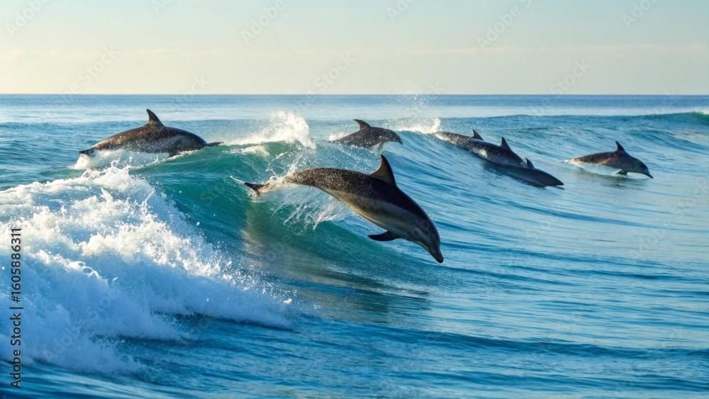 Fototapeta premium Dolphins Jumping Over Waves in Clear Blue Ocean Waters