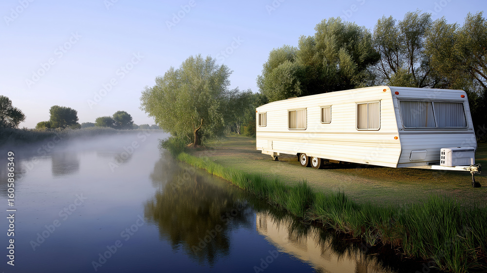 Scenic riverside trailer parked in serene morning fog with reflection Scenic riverside trailer parked in serene morning fog with reflection