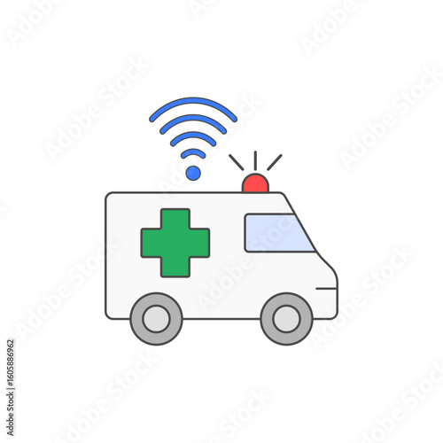 Connected ambulance with wireless signal icon, perfect for representing emergency vehicles with real-time data, telemedicine, and smart dispatch systems.