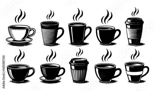 A set of ten black and white hand-drawn coffee cups and mugs—steaming, in classic to disposable styles—with a vintage vibe. Ideal for cafés, menus, prints, packaging, and cozy-themed designs.