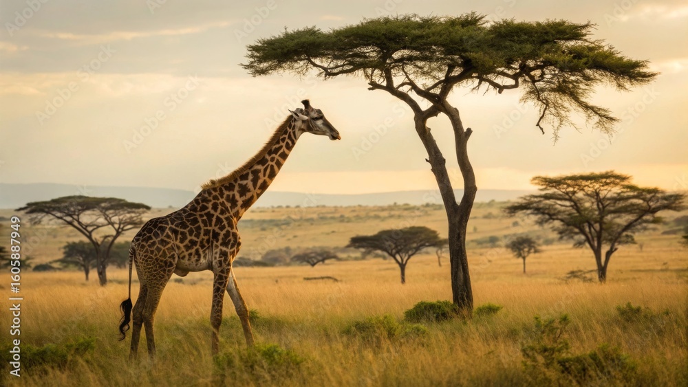 Obraz premium Majestic Giraffe Walking Under a Beautiful Acacia Tree Landscape