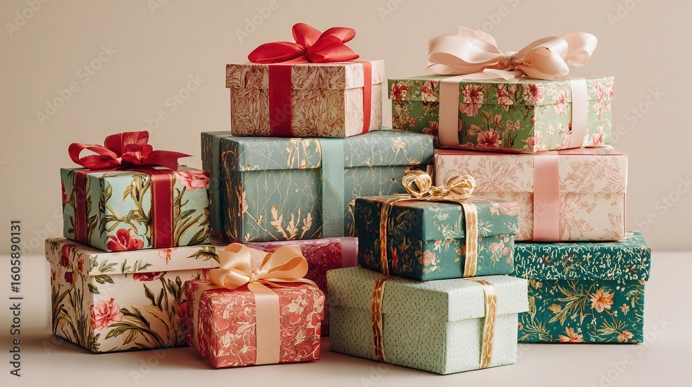 Obraz premium カラフルな包装紙とリボンのギフトボックス
