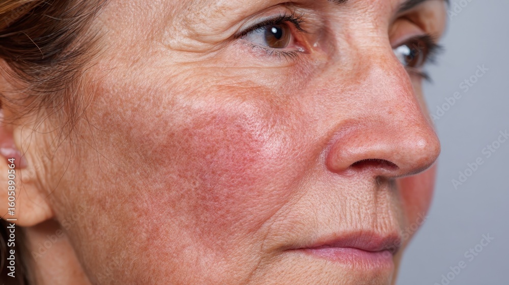Obraz premium Side profile of a patient with intensely reddened cheeks and matte dry skin texture illustrating key toxic syndrome signs.