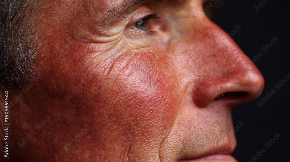 Obraz premium Side profile view of patients skin glowing with deep crimson hues emphasizing uniformity and heat diffusion across epidermis.