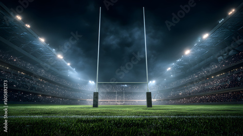 Bright Rugby Stadium Lights Illuminate Nighttime Match with Large Enthusiastic Crowd, Green Grass Field, and Rugby Goal Posts in a Photorealistic Wide-Angle View of Sports Event Atmosphere