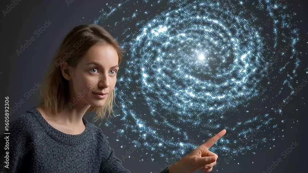 Woman Touching Digital Representation of Galaxy in Cosmic Imagery with ai generated Woman Touching Digital Representation of Galaxy in Cosmic Imagery with ai generated