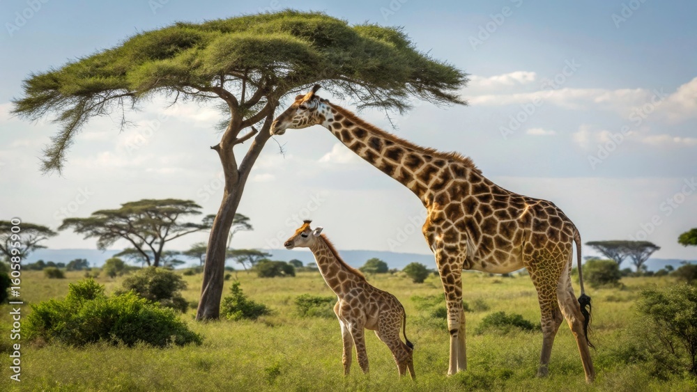 Obraz premium Majestic Giraffes Under a Tree in the African Savanna Landscape