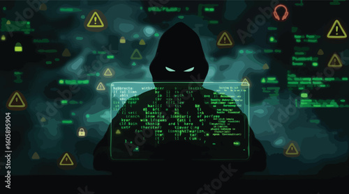 A hooded hacker with glowing eyes is working on a digital computer system with warnings.