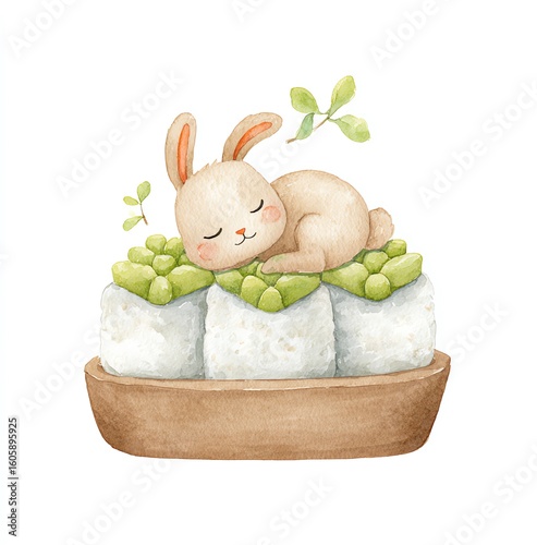 Cute Bunny Sleeping on Sushi