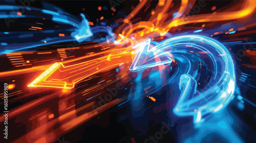 Abstract digital arrows moving in opposite directions representing technological concepts.