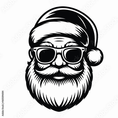 Cool santa claus with sunglasses and beard black and white illustration