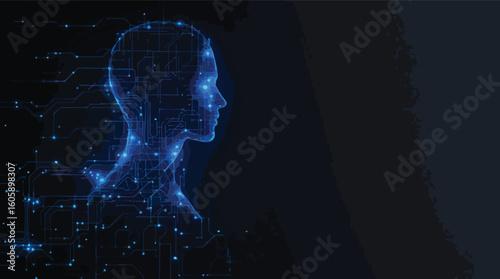 Digital artificial intelligence concept with glowing circuit board outline of a human head.