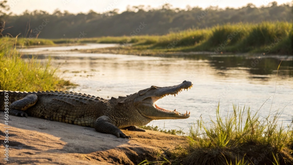 Obraz premium Majestic Crocodile Sunbathing by Water Under Bright Sunset Sky