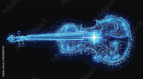 Digital circuitry forming a violin shape representing music and technology fusion.