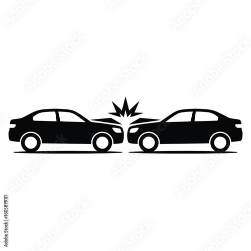 Two black cars in a head on collision with impact burst