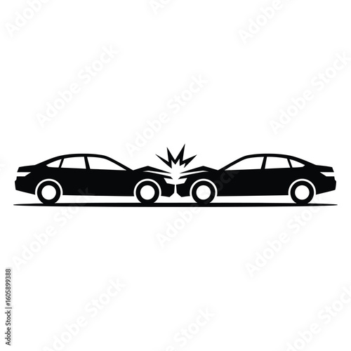 Two black cars in a head on collision with impact lines