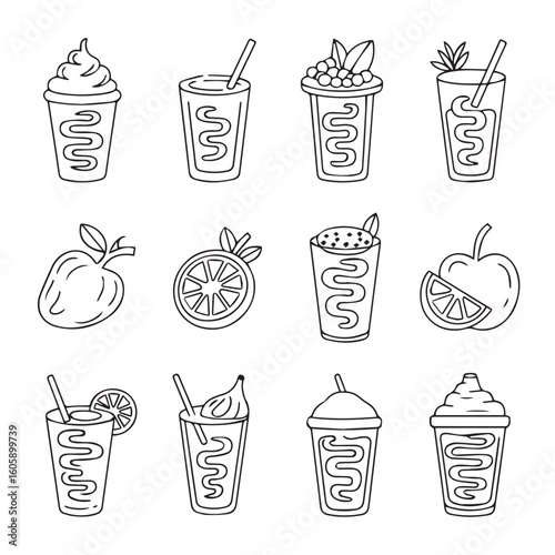 Line art drawing of various smoothies and fruit on a white background