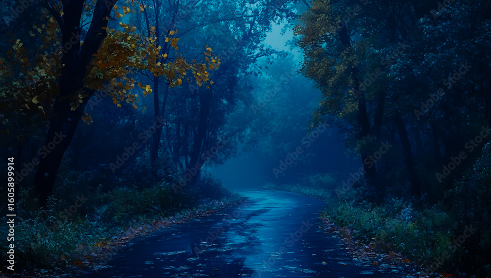 Fototapeta premium A winding road through dense forests covered in a blue color palette, creating a misty, mysterious, and atmospheric scene, with an eerie, tranquil atmosphere.