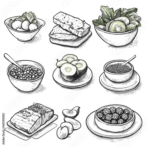 Assorted food items, including salads, fish, and fruits in sketches, for a Prediabetes and Type 2 Diabetes diet  