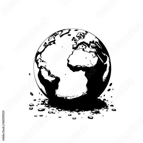 Monochrome earth illustration depicting environmental degradation and potential global issues highlighting climate change impacts for awareness