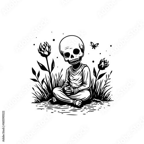 Meditating skeleton figure surrounded by plants and a butterfly in black and white vector image illustration