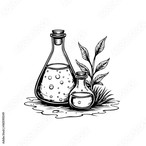 Drawing of herbal medicine ingredients showcasing natural remedies and scientific botanical components for skincare products