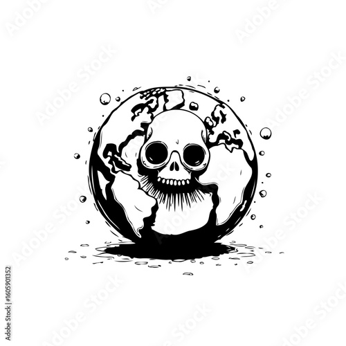 Disturbing depiction of earth featuring a skull embodying planetary mortality and the impending environmental crises