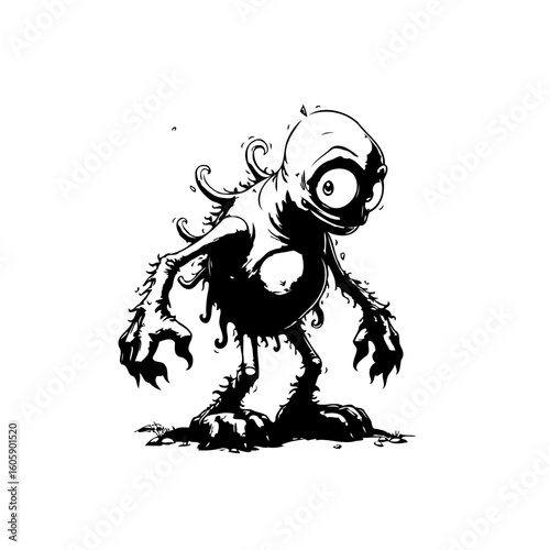 Creepy monster illustration with exaggerated features standing menacingly against a white background conveying halloween