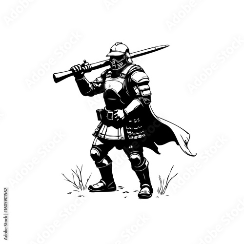 The determined knight stands ready for battle, adorned in armor, holding a formidable weapon with confidence and determination illustration