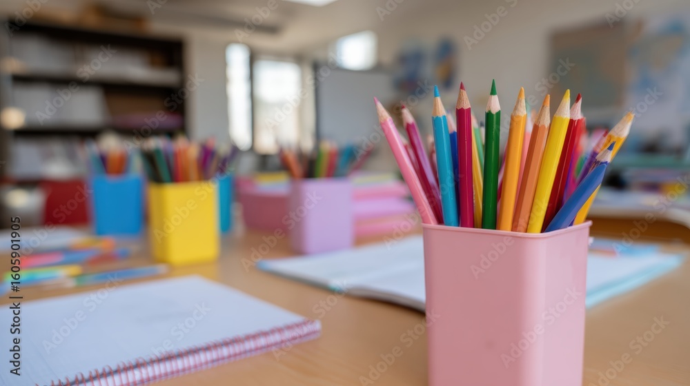 Fototapeta premium Colored pencils in pink holder on table with notebooks