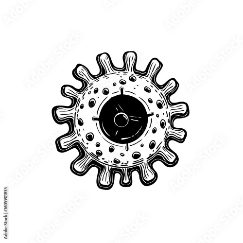 Detailed black and white sketch of a virus cell emphasizing the current pandemic era and microbiology