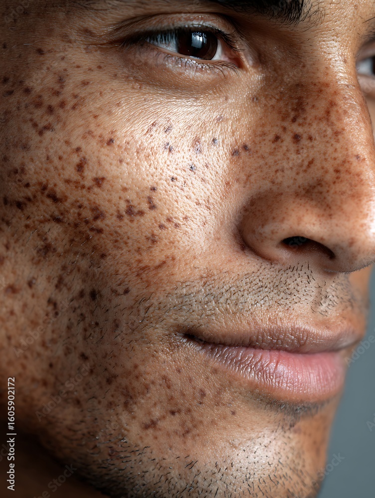Fototapeta premium Latin male skin with scattered dark spots on the jawline. Focus on the skin in that area. Suitable for brands that reduce freckles, melasma, or skincare products that reduce dark spots.