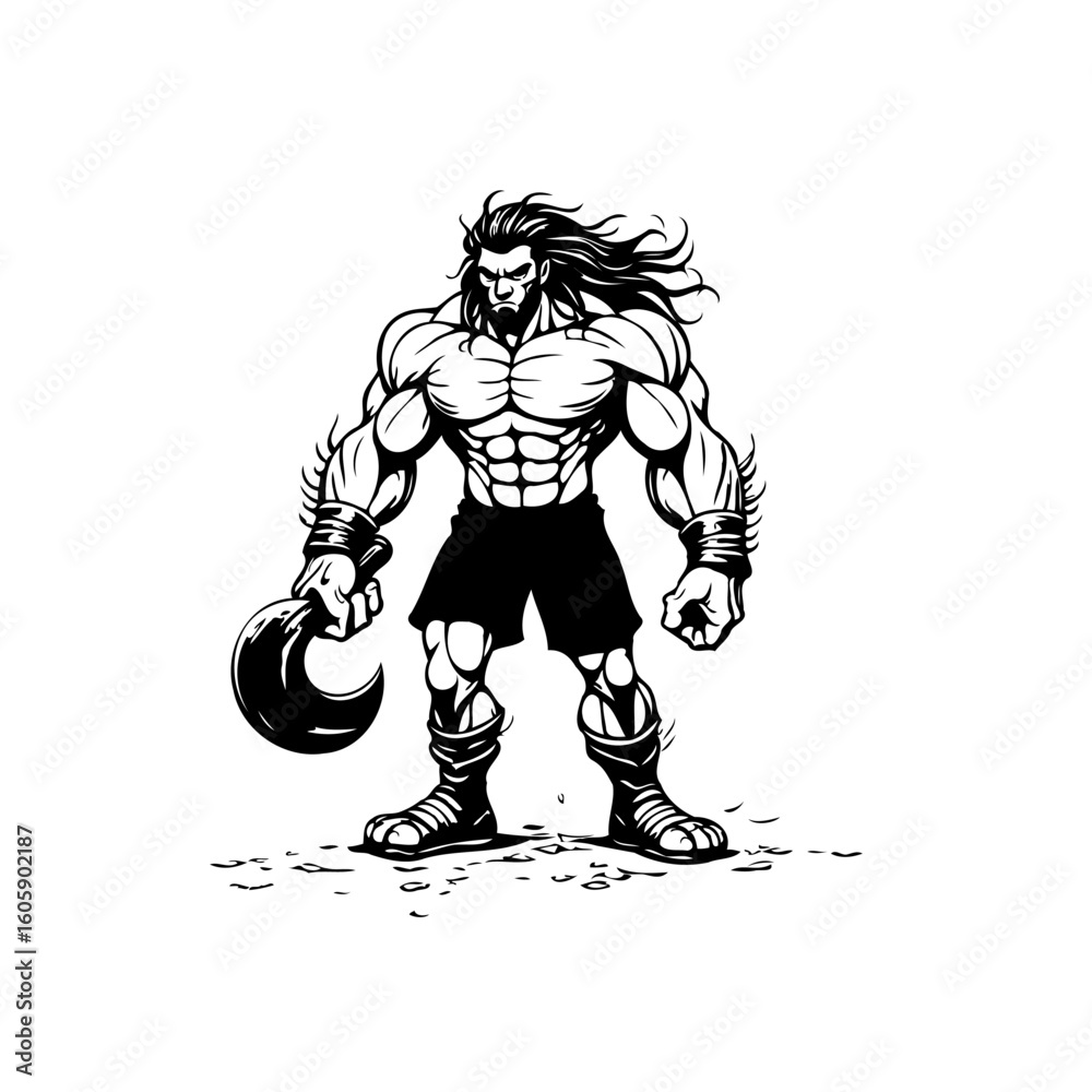 Fototapeta premium Unleashing the Power of Muscular Warriors: A Striking Black and White Illustration Capturing Raw Strength