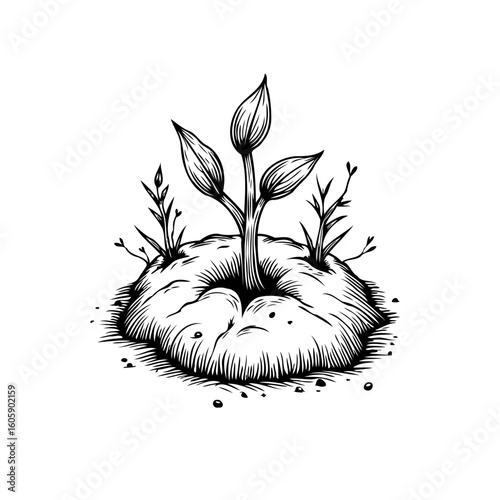 Detailed ink drawing depicting a seedling growing with fertile soil showcasing sustainable development and agricultural practices