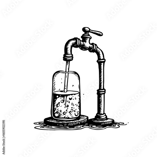 Conceptual artwork showcasing a faucet filling a jar with water emphasizing resource conservation and sustainable consumption