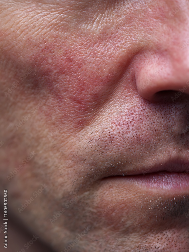 Obraz premium A man's skin is white, red, irritated, and has a fine texture around his cheeks, which is suitable for content for an anti-redness or soothing care brand.