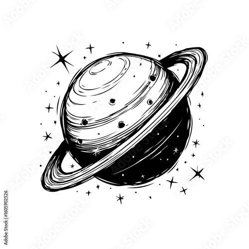 Mystical saturn planet sketch cosmic exploration black and white artistic representation isolated on background stars