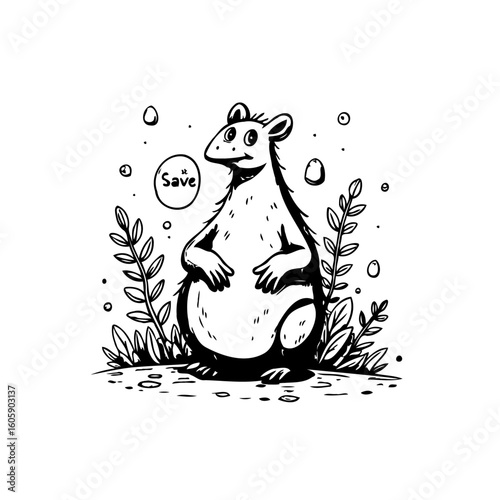 Illustration of a cute cartoon bear asking to save the wild animals with foliage surrounding