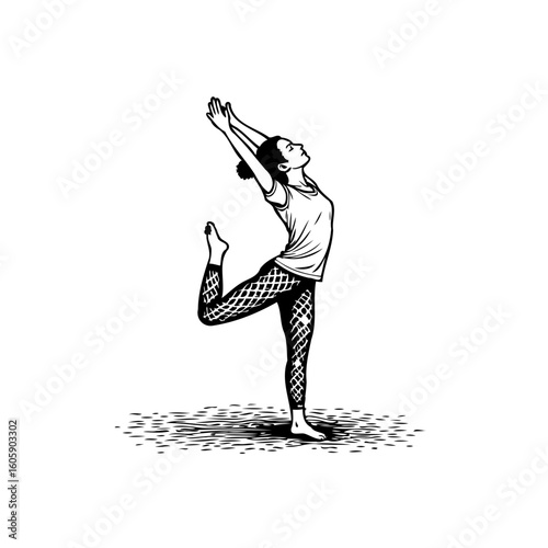 Woman striking yoga pose a single leg balance with arms raised upward vector illustration