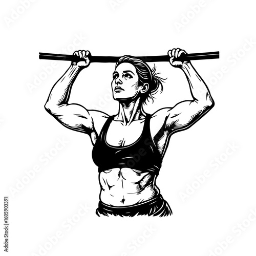 Illustrative image showcasing a woman performing pull-ups with determination and strength in black and white style