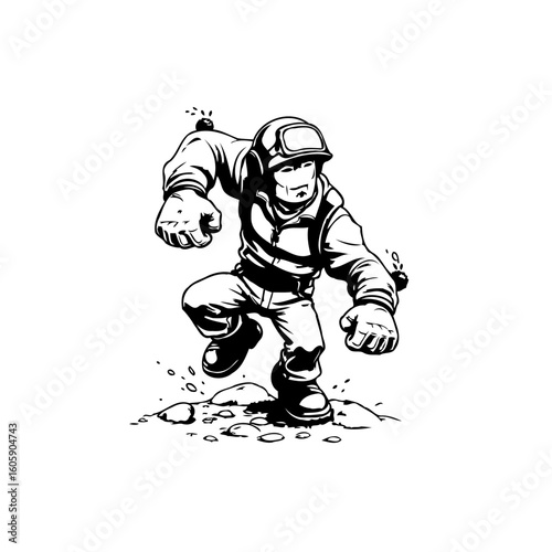 A determined character in action, cartoonish illustration of perseverance and challenges depicting resilience and strength