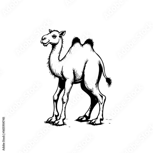 Detailed ink drawing of a camel standing in a white background showcase artful depiction animal
