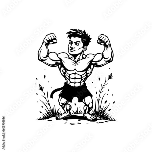 Cartoon bodybuilder flexing muscles with nature elements showcasing fitness and strength character illustration art