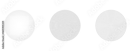 Black halftone circle set. Sonar or sound wave ring collection. Halftone and linear epicentre, target, radar icon concept. Ripple concentric signal vibration elements.