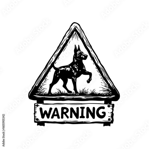 A captivating black and white illustration of a warning sign featuring a watchful dog silhouetted within a triangle