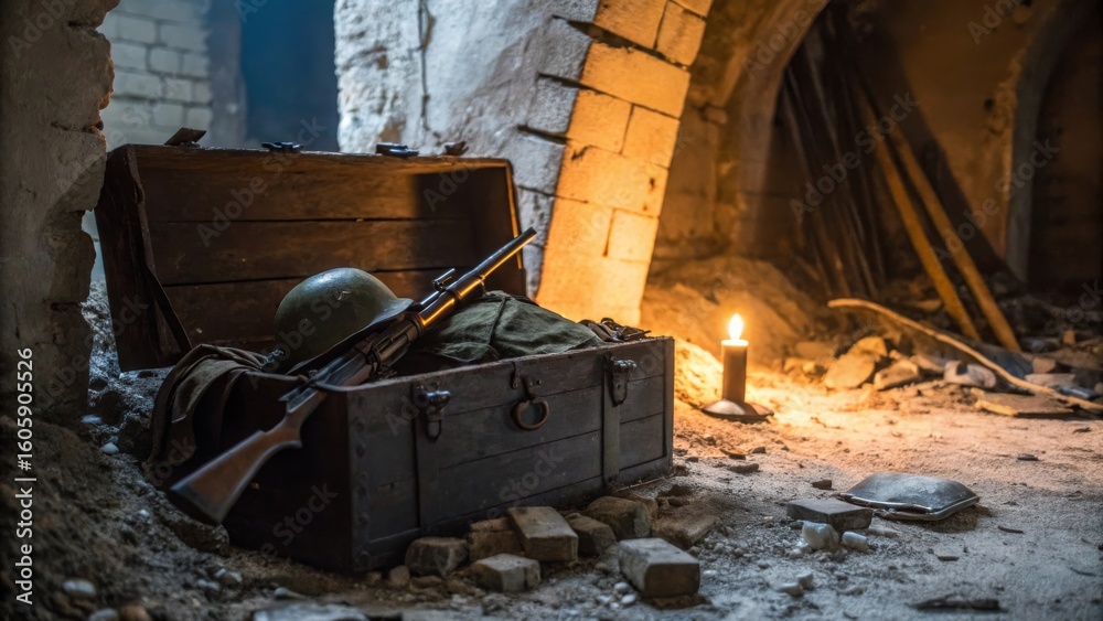 Fototapeta premium Vintage Military Gear in Abandoned Room with Soft Candlelight
