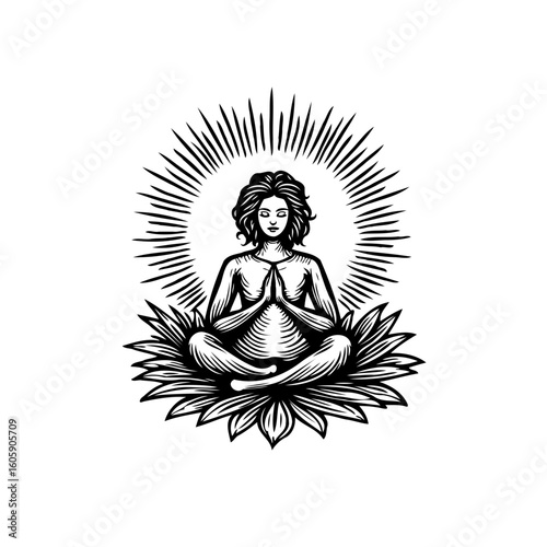 Serene woman meditating on lotus flower, radiating peace through yoga and spiritual enlightenment design concept art