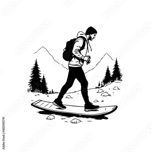 Illustration of a man snowshoeing through a winter landscape with mountains and pine trees
